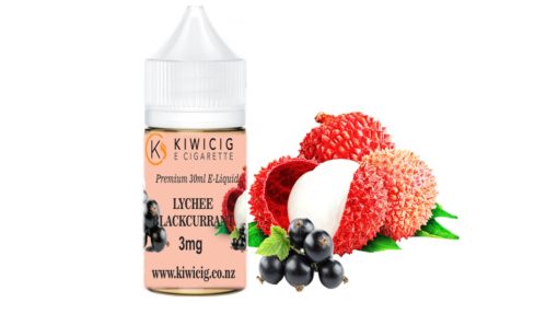 30ml Lychee Blackcurrant e-liquid 3mg nicotine bottle next to image of lychee and blackcurrant fruit
